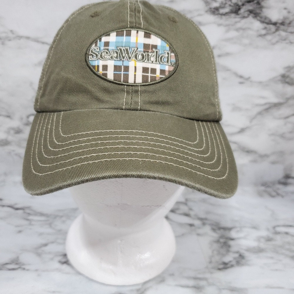 Sea World Baseball Cap Men's Green‎ Canvas Plaid Patch Strapback